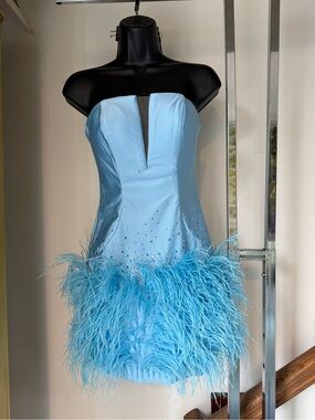 AVA PRESLEY 29136 LIGHT BLUE SIZE 00 0 2 4 6 8 10 STRAPLESS FEATHER FORMAL GOWN